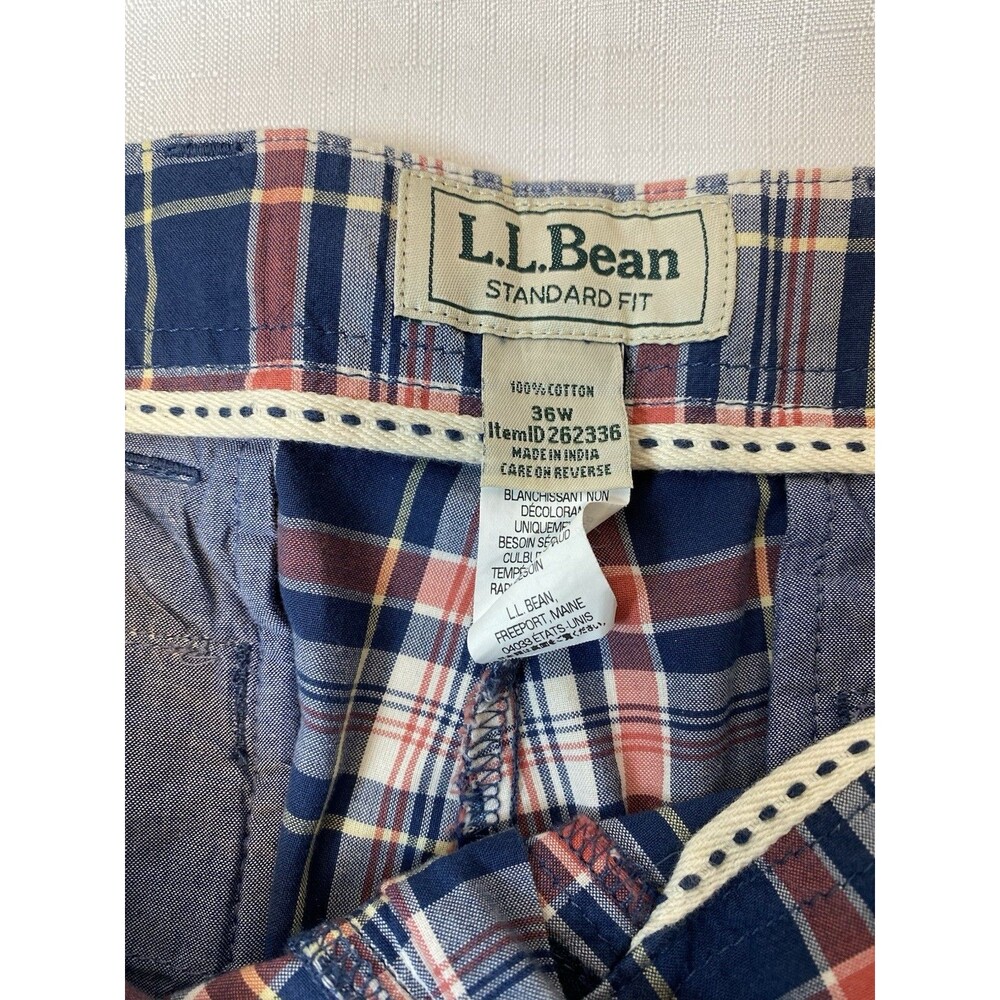 LL Bean Mens 36 Waist Standard Fit Plaid Cotton Chino Shorts Blue Red Madras - Picture 4 of 9